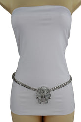 Women Glamorous High Waist Silver Metal Chain Belt Pharao Egyptian Antique XS S M